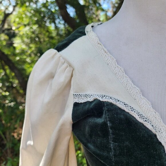 VTG GUNNE SAX PRAIRIE VELVET LONG SLEEVE LACE BOHO HIPPY DRESS GREEN IVORY 5 - Picture 6 of 16